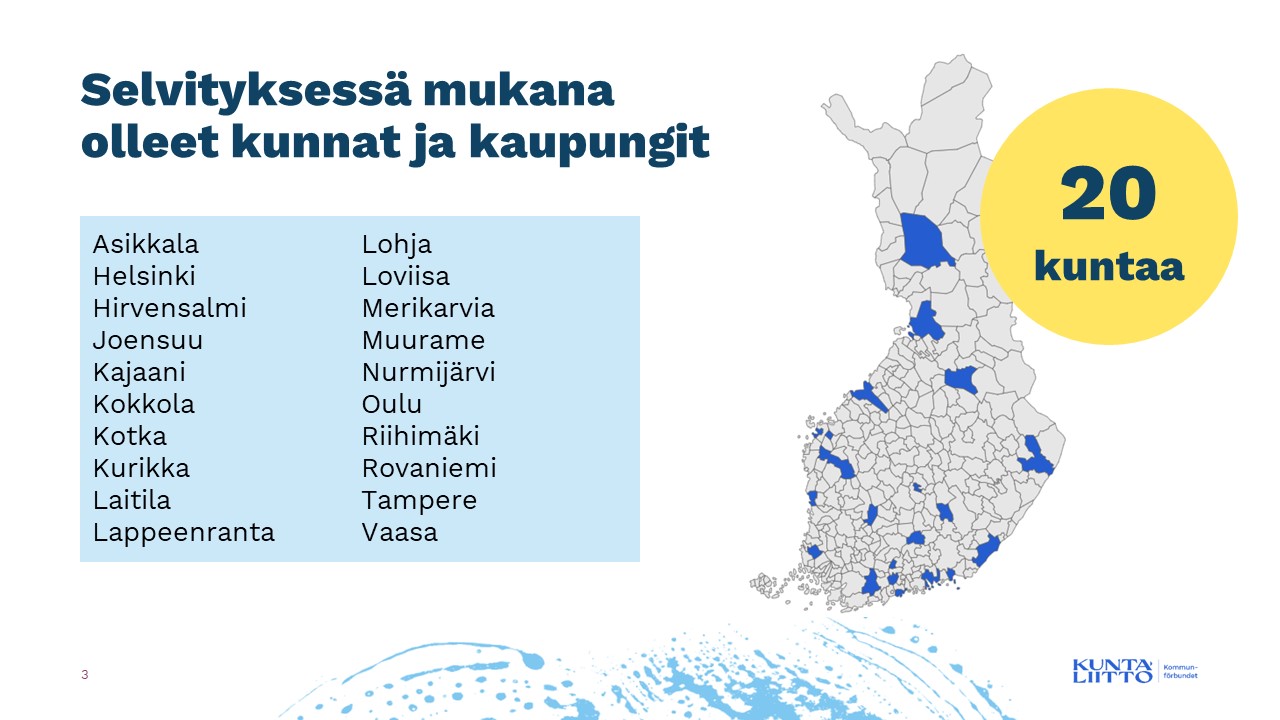 Suomen kartta ja listaus selvityksen kunnista. 