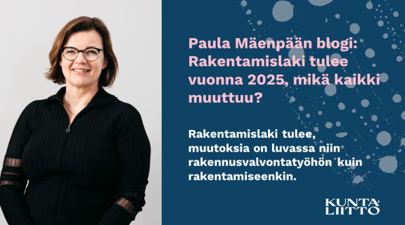 Nainen vasemmalla ja oikealla tekstiä sinisellä taustalla.