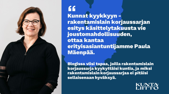 Naisoletettu kuvan vasemmassa laidassa ja tekstiä sinisellä pohjalla oikealla.