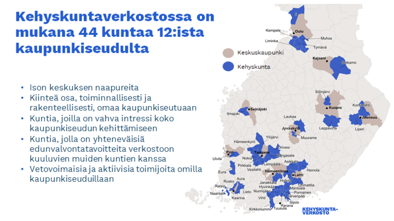 Kehyskuntaverkostossa on 44 kuntaa 12 kaupunkiseudulta