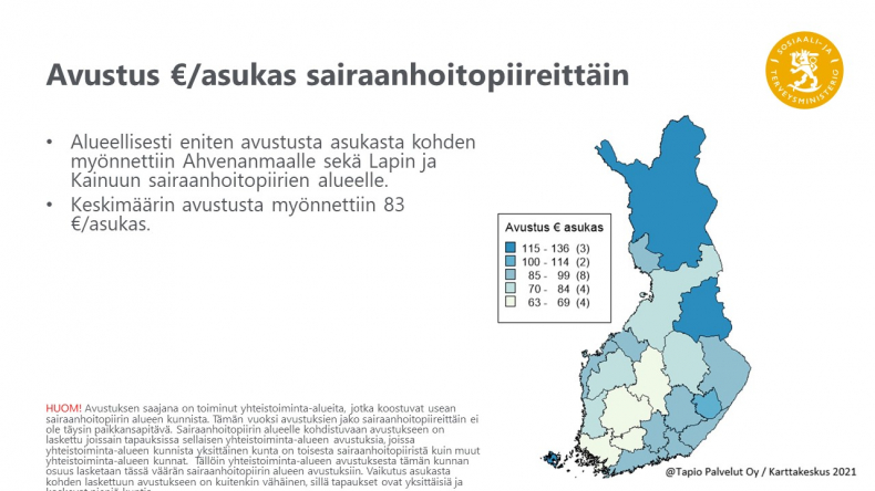 Avustus euroina per asukas sairaanhoitopiireittäin