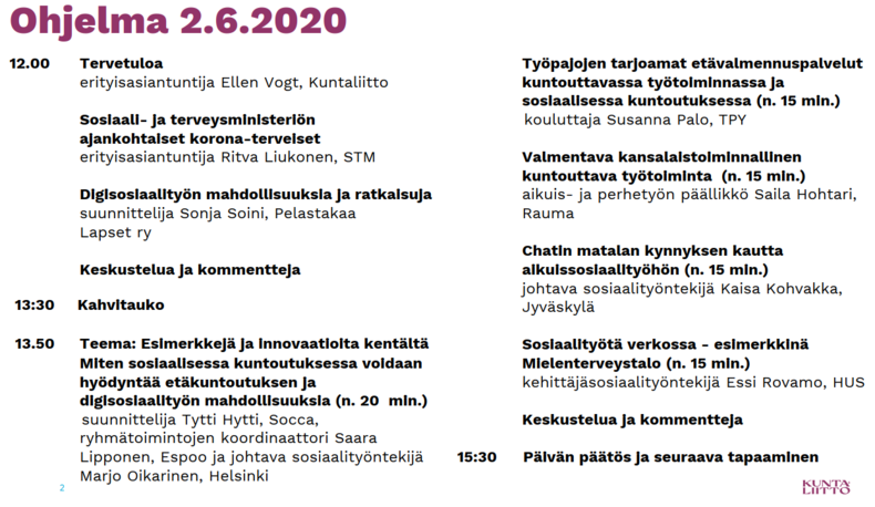 Toimeentulotuen ja aikuissosiaalityön kuntaverkosto 2.6.2020, ohjelma