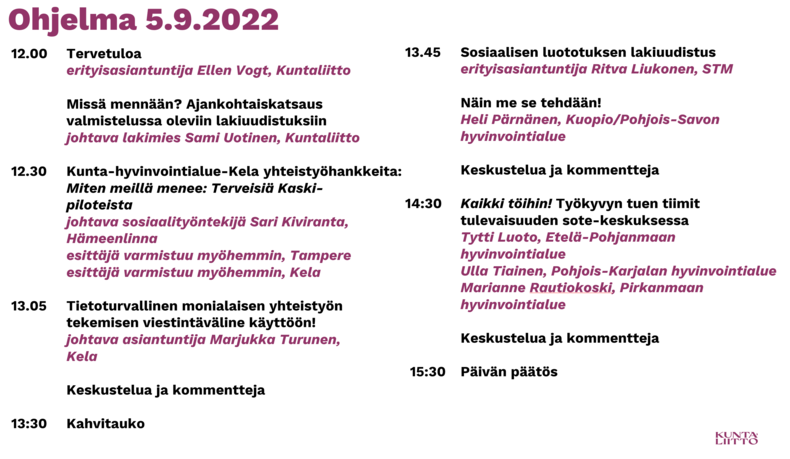 Toimeentulotuen ja aikuissosiaalityön kuntaverkosto 5.9.2022, ohjelma