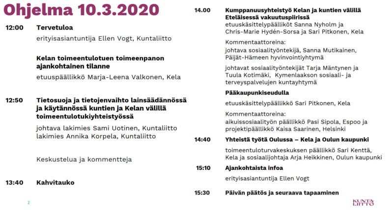 Toimeentulotuen ja aikuissosiaalityön kuntaverkosto 10.3.2020, ohjelma