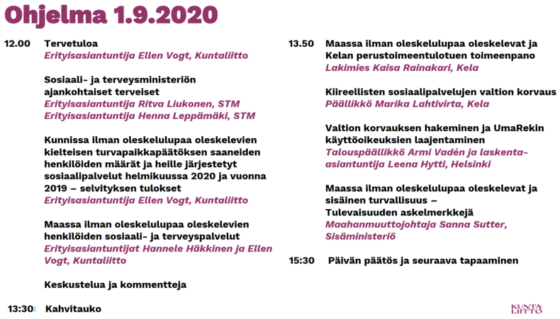 Toimeentulotuen ja aikuissosiaalityön kuntaverkosto 1.9.2020, ohjelma