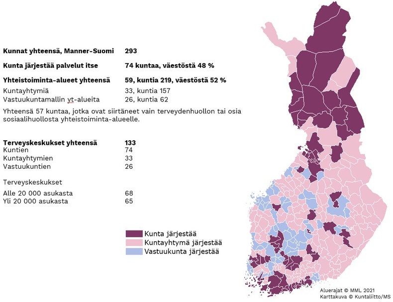 Kuntakartta sote-järjestämistavoista vuonna 2021