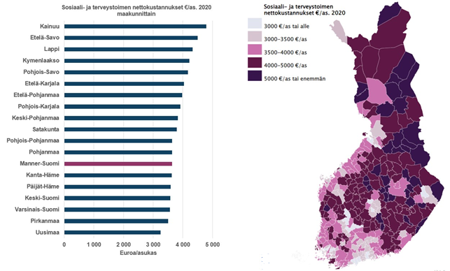 Kuvaaja sekä karttagrafiikka sosiaali- ja terveystoimen nettokustannuksista per asukas vuonna 2020.