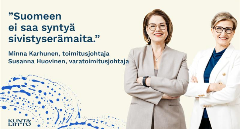 Kaksi naista vaalealla taustalla ja tekstiä.