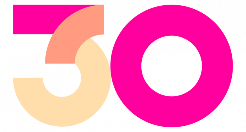 Pinkillä ja oranssilla tekstillä logo 30.