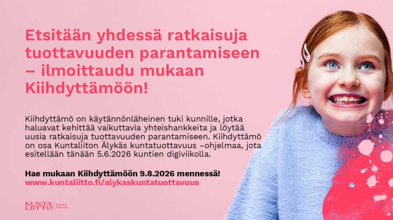 Mainosteksti Kiihdyttämöön. Vaaleanpunainen tausta ja tyttö jolla innostunut ilme.
