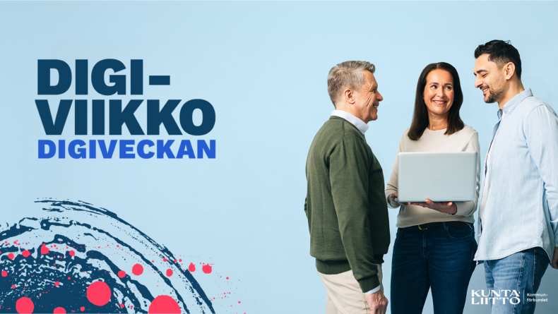 Kolme henkilöä läppärin äärellä ja digiviikon grafiikkaa.