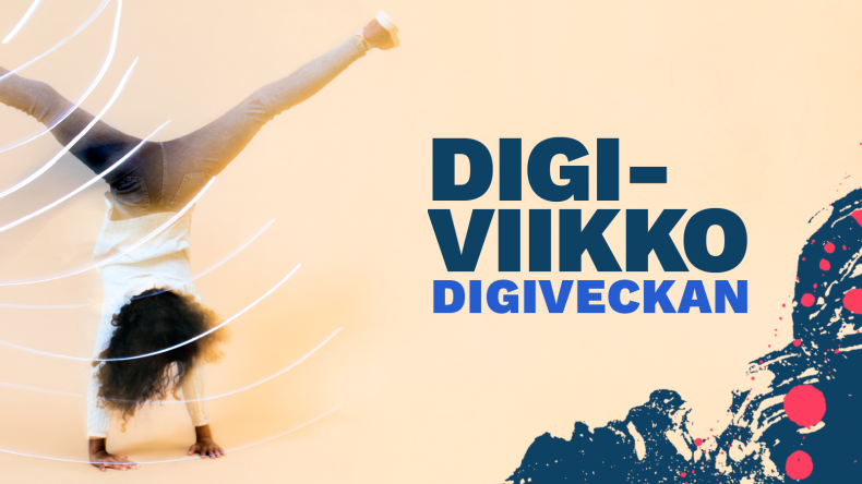 Lapsi tekee kärrynpyörän. Taustalla digiviikon grafiikkaa.