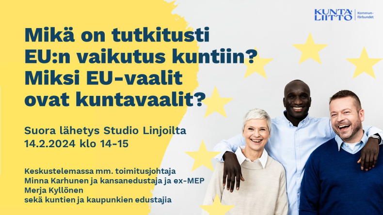 Hymyileviä henkilöitä sekä keltaista ja sinistä väriä.