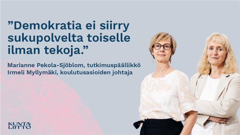 Kaksi naista vierekkäin ja tekstiä.