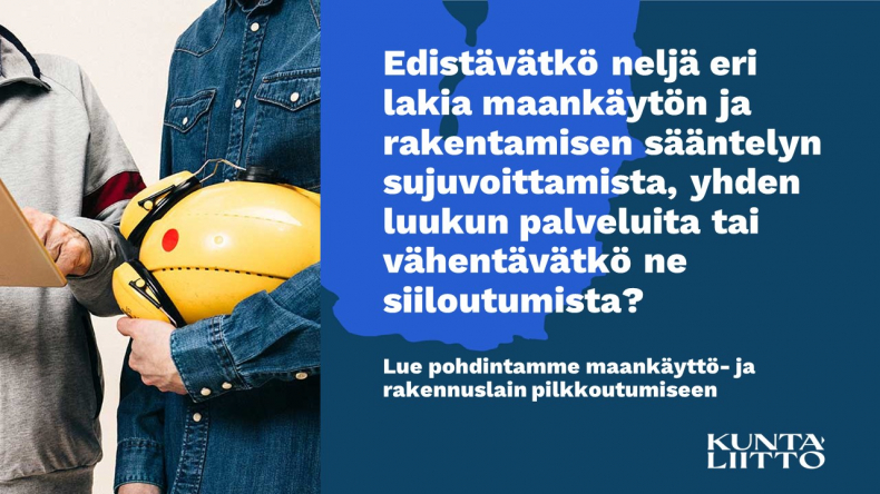 Vasemmalla farkkupaitainen henkilö pitelee työmaakypärää. Oikealla puolella tekstiä.