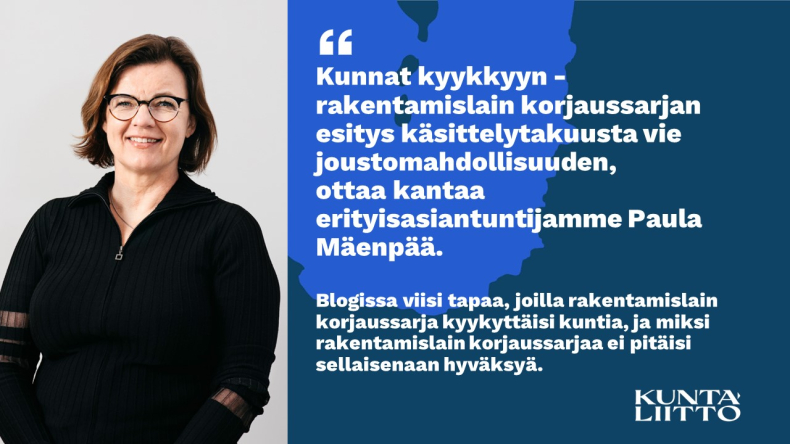 Naisoletettu kuvan vasemmassa laidassa ja tekstiä sinisellä pohjalla oikealla.