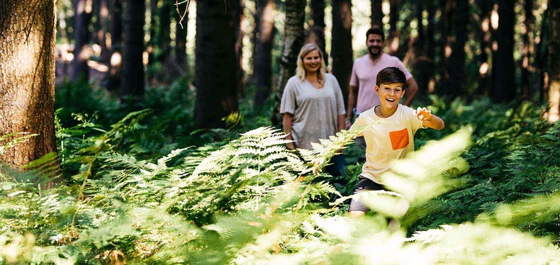 Perhe juoksee metsässä